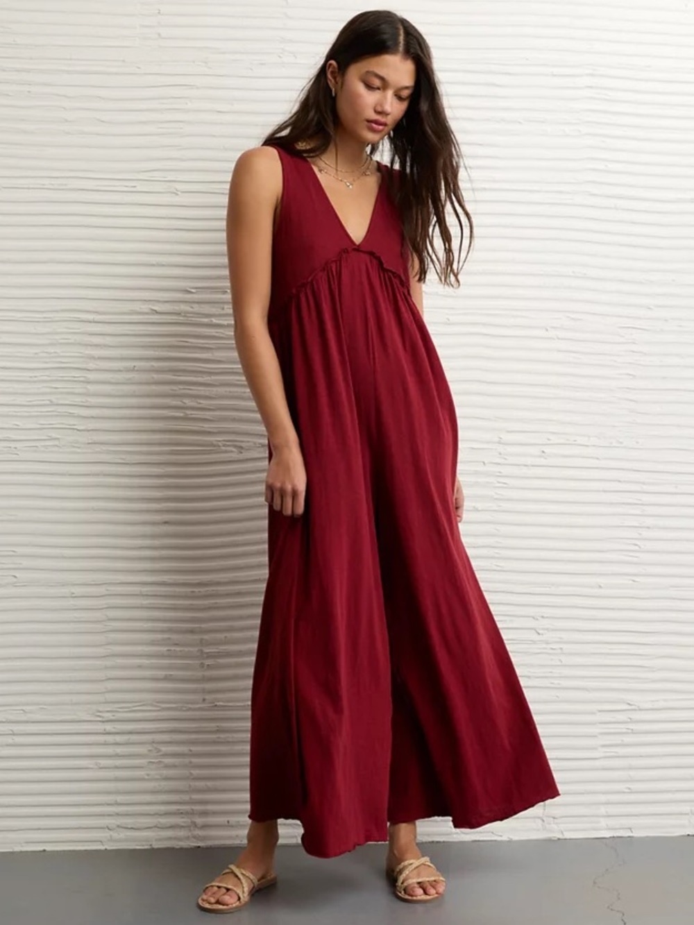 American Eagle Sunchaser Knit V-Neck Jumpsuit in Antique Rose